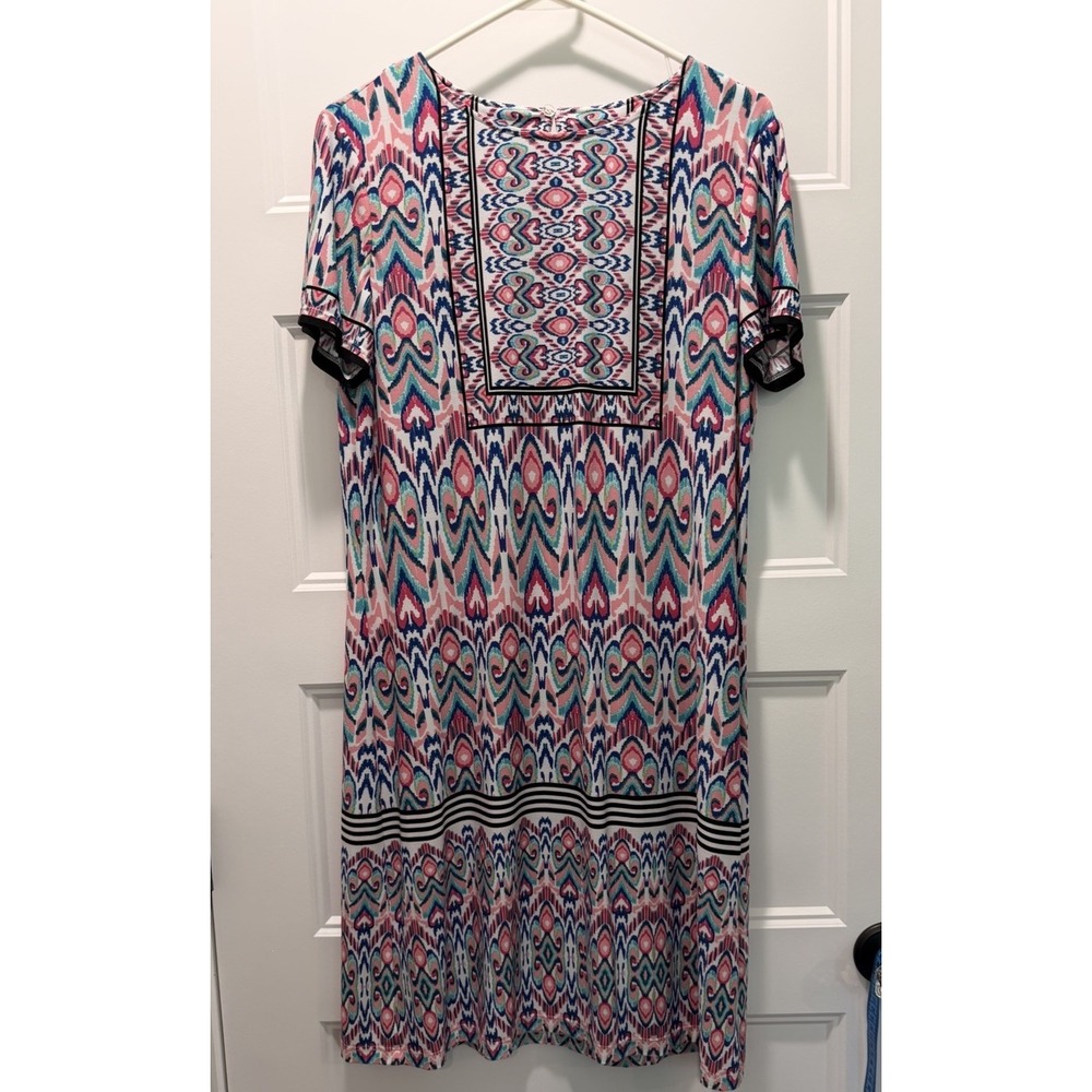 London Times Dress 12 Ikat Shift - Pink Teal Navy Tribal Print - Short Sleeve